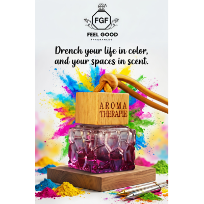 Holi celebration with colorful powders and premium car perfumes showcasing luxury fragrances in Coimbatore Tamil Nadu